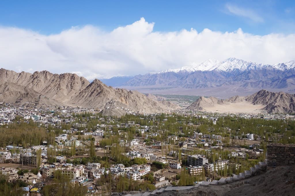 Panoramic view of Leh town with green trees and snow-capped mountains